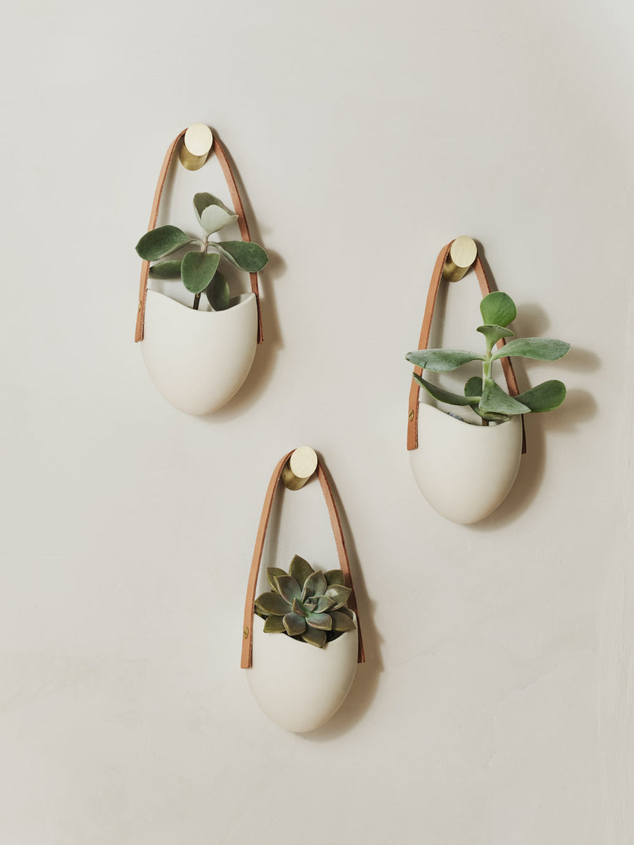 Hang in There Stoneware Hanging Planter With Faux Leather Straps