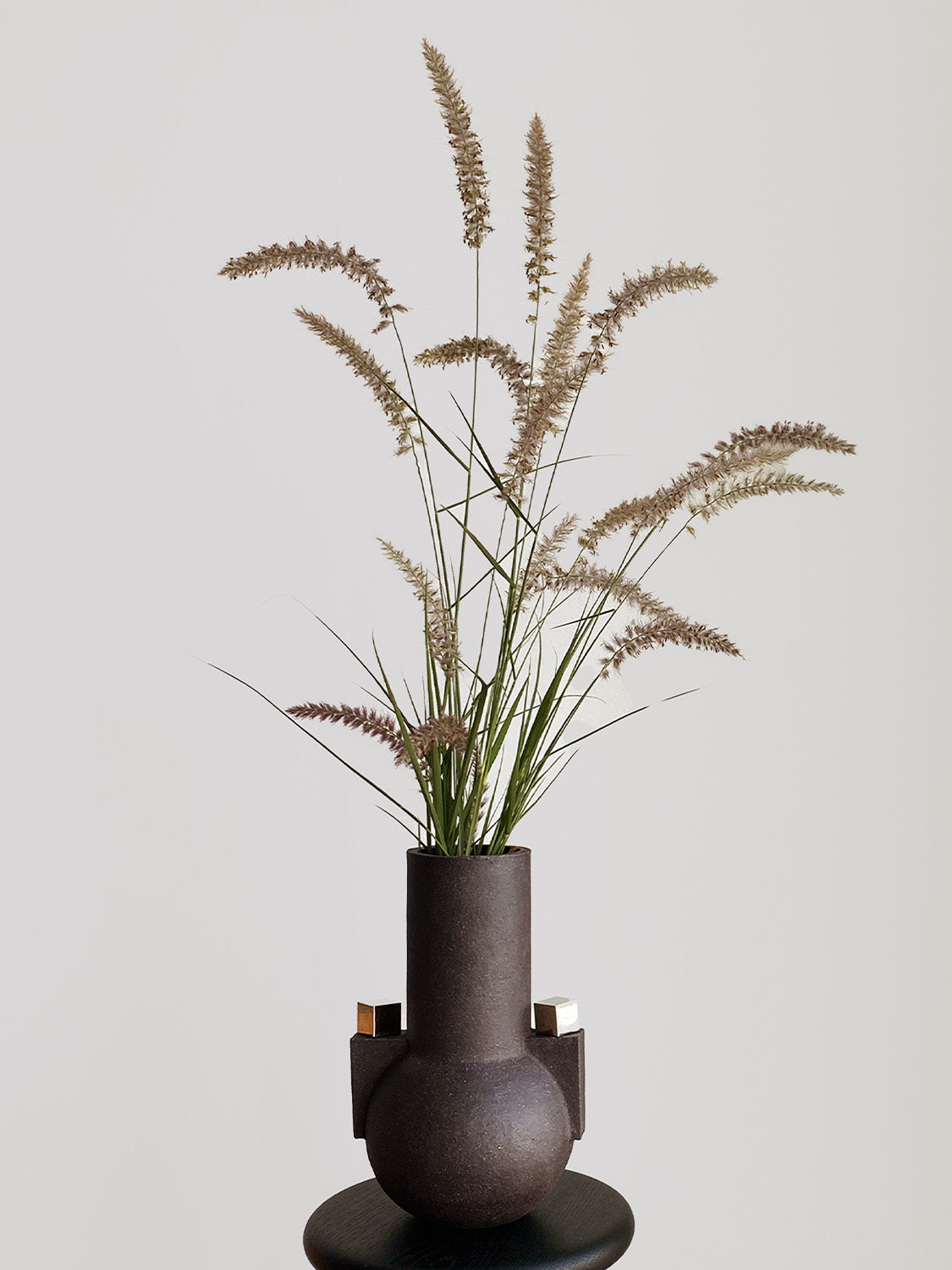 Decorative vase with dried grasses on a plain background