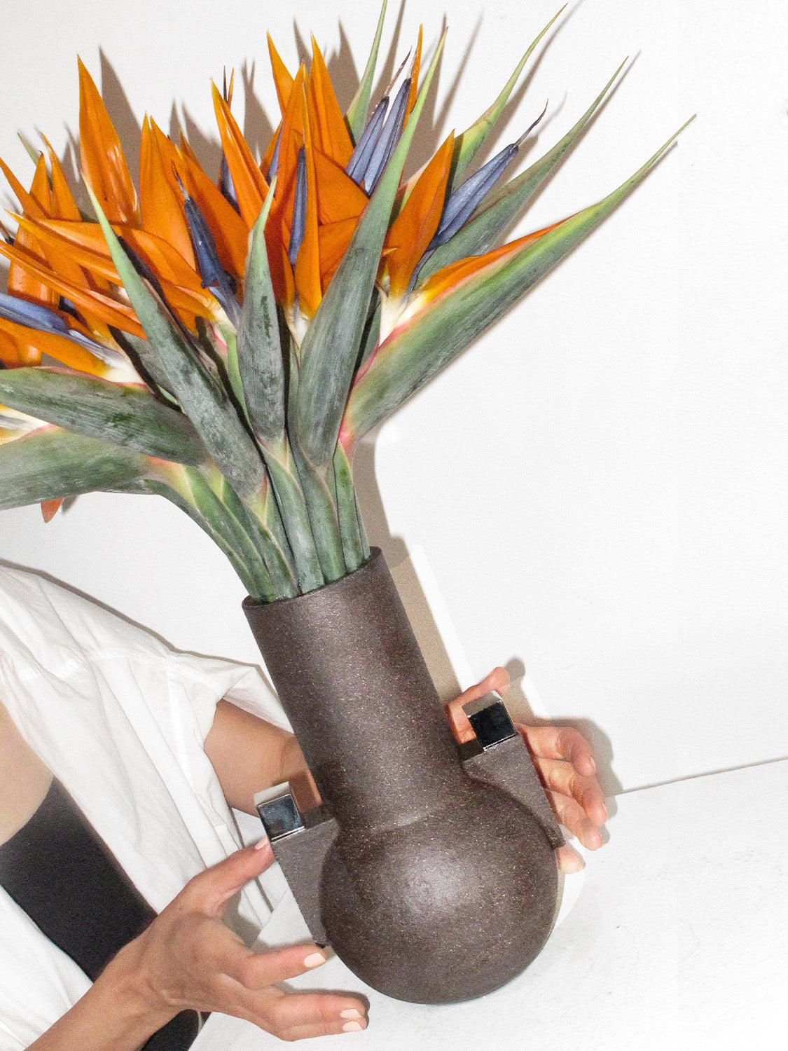 Person holding a brown vase with a bouquet of orange and blue flowers against a white background