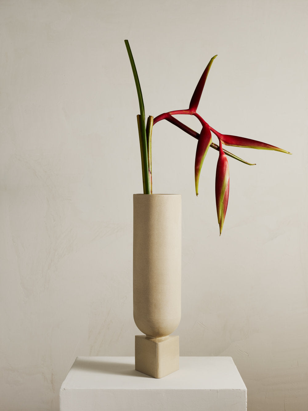 Tava vase in sandy stoneware with heliconia 