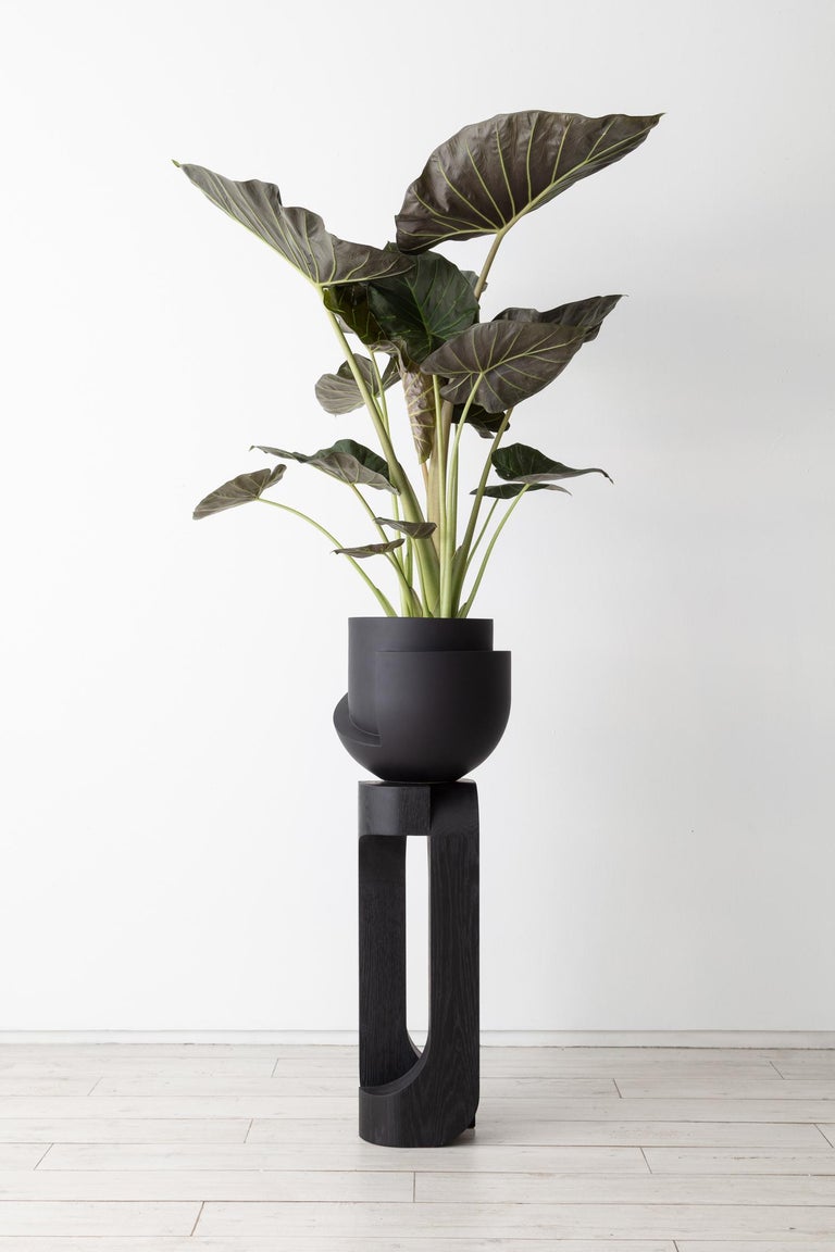 Side View of coal Vayu planter on sculptural black pedestal